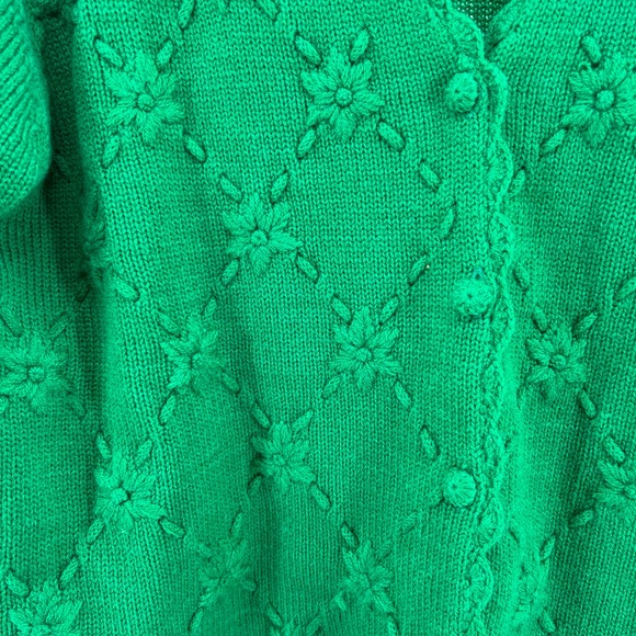 Karen Scott hand embroidered green scalloped edges M wool blend cardigan floral - Picture 6 of 8